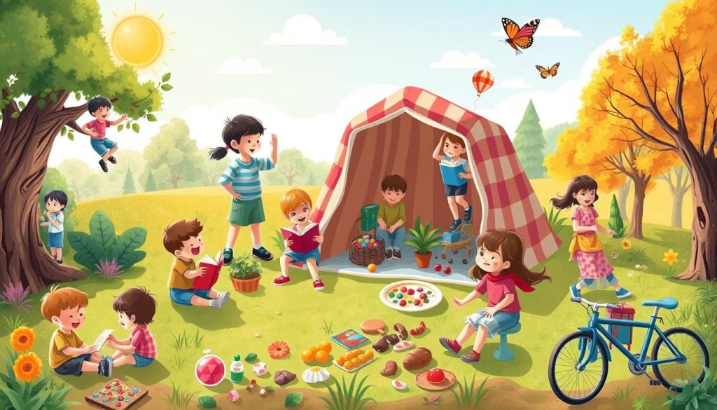 Illustrated scene of children playing, reading, and exploring outdoors instead of using screens