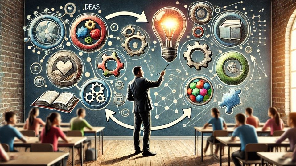 Illustration of a teacher presenting ideas on a chalkboard filled with lightbulb, gear, and puzzle-piece icons to a classroom of students