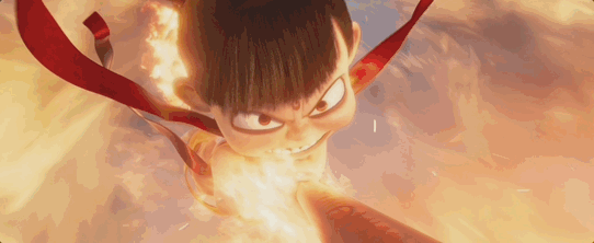 Animated scene from Nezha 2 showing Nezha's body shattering and reforming like molten lava during the Heart-Piercing Curse