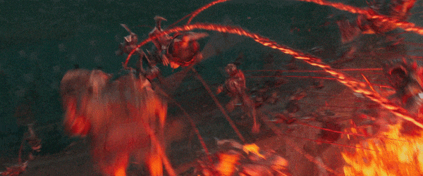 Animated chain battle sequence from Nezha 2 with dozens of chains moving in coordinated combat