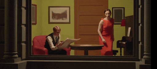 Animated film still from Shirley: Visions of Reality set against a moment of 20th-century American history
