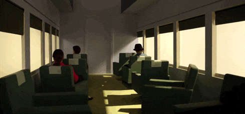 Film still from Shirley: Visions of Reality with the desaturated, cool color palette drawn from Hopper's paintings