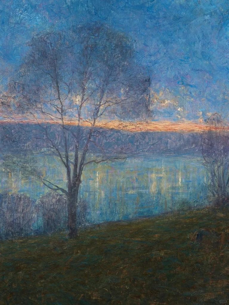 Painting in the style of Eugène Jansson, a blue-toned lakeside scene with a bare tree at dusk