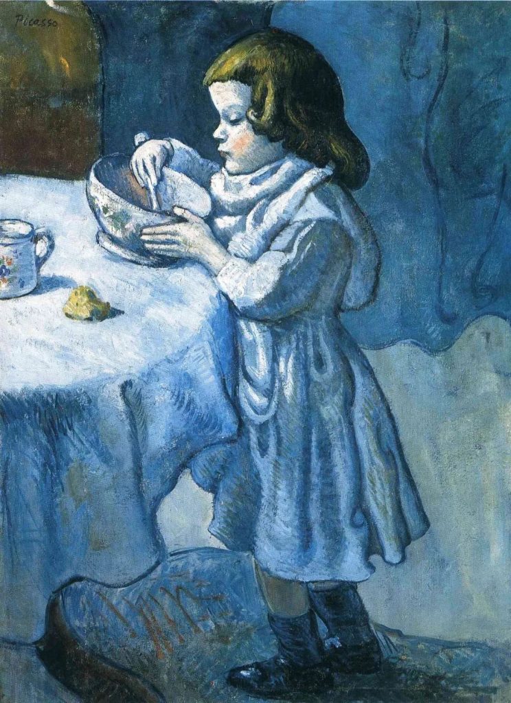 Pablo Picasso painting from his Blue Period, rendered in melancholic blues, dark grays, and sickly greens