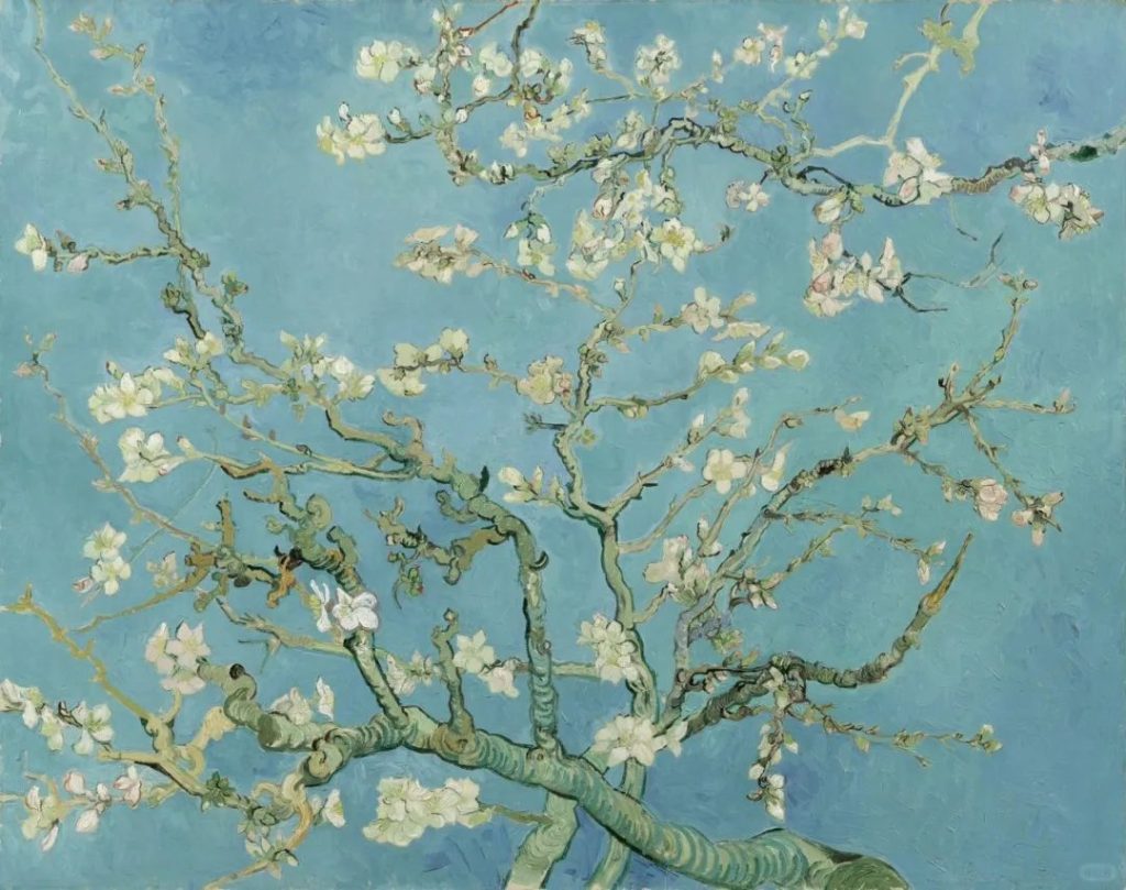 Vincent van Gogh's Almond Blossom, a flowering branch painted against a blue sky