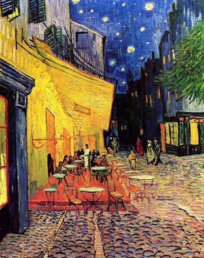 Vincent van Gogh's Café Terrace at Night, a glowing yellow café scene under a starry night sky
