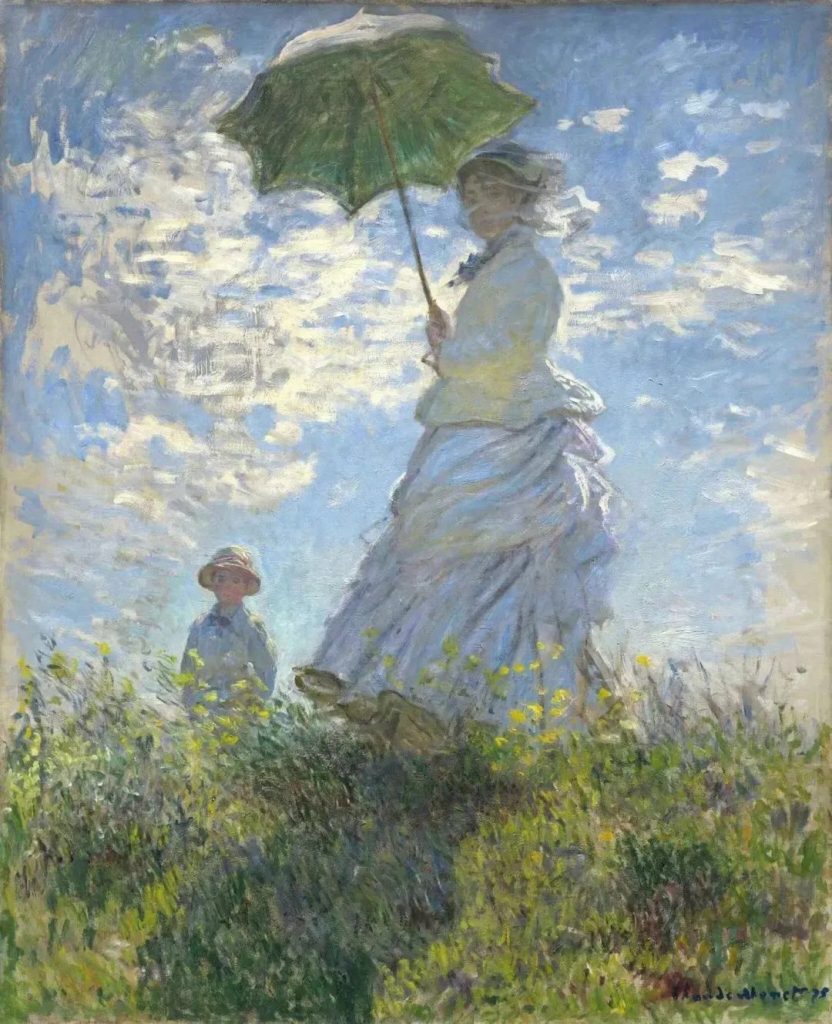 Claude Monet's Woman with a Parasol, painted with loose Impressionist brushstrokes of blue sky and green grass