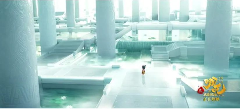 Concept art of the Jade Void Palace in Nezha 2, rendered in flawless white with ink-wash shading and curved traditional rooflines