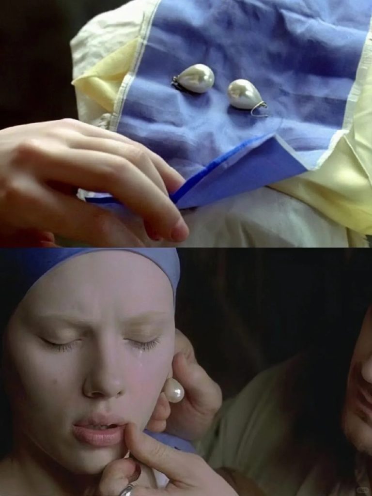 Film still from Girl with a Pearl Earring echoing the pose of Vermeer's original portrait
