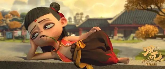 Close-up of Nezha's redesigned look in Nezha 2, with smoky eye makeup, sharp teeth, and a rebellious expression