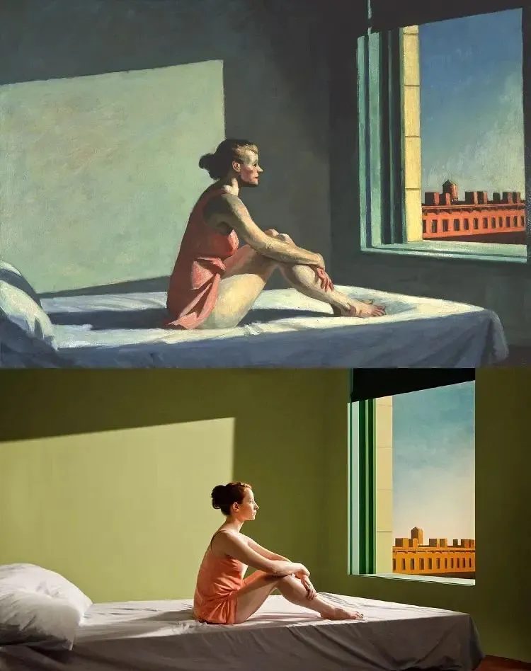 Film still from Shirley: Visions of Reality recreating one of Edward Hopper's paintings
