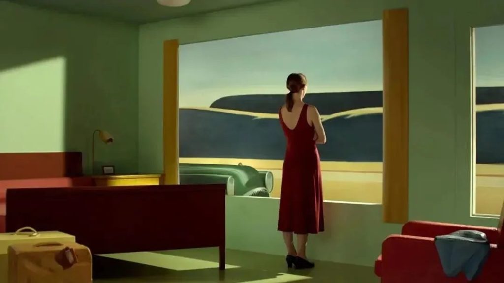 Film still from Shirley: Visions of Reality set in a quiet urban interior in Hopper's style