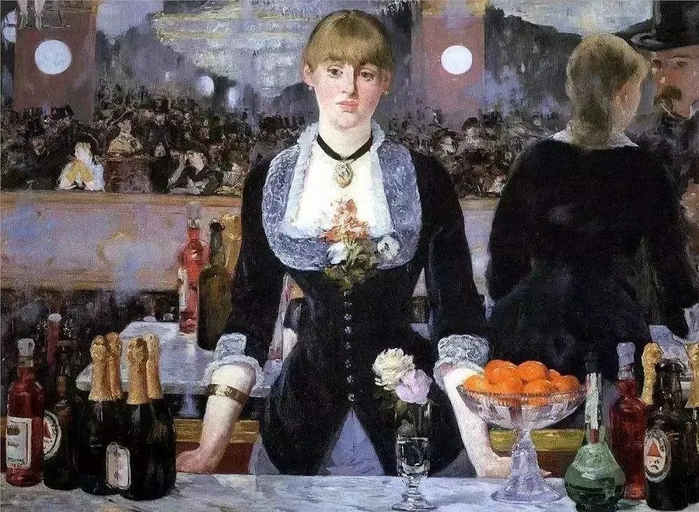 Édouard Manet's A Bar at the Folies-Bergère, a barmaid standing before a mirrored view of a crowded Paris nightclub