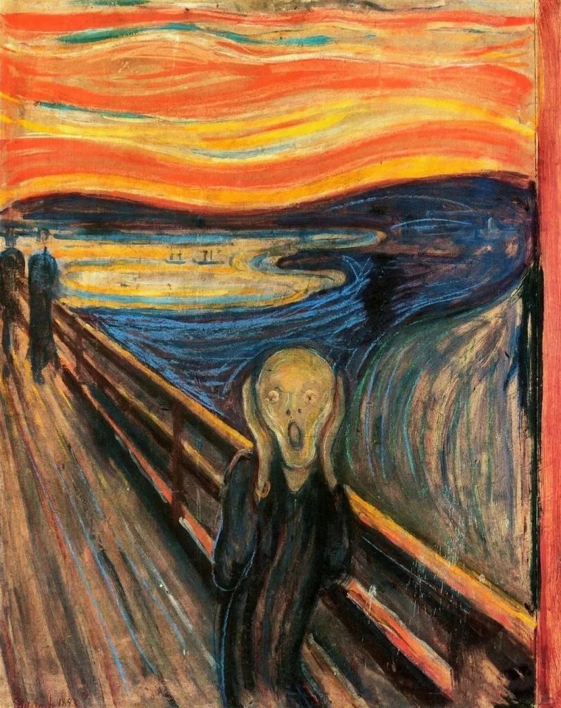 Edvard Munch's The Scream, its swirling orange sky and distorted color conveying intense emotion