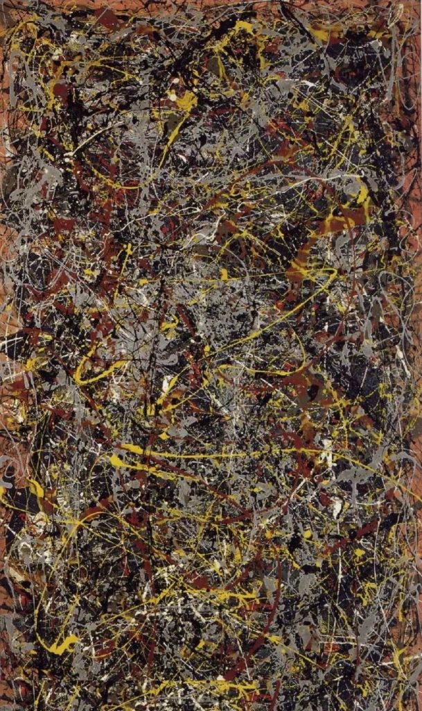Abstract painting with layered drips and splatters of black, yellow, and red paint, in the style of Jackson Pollock
