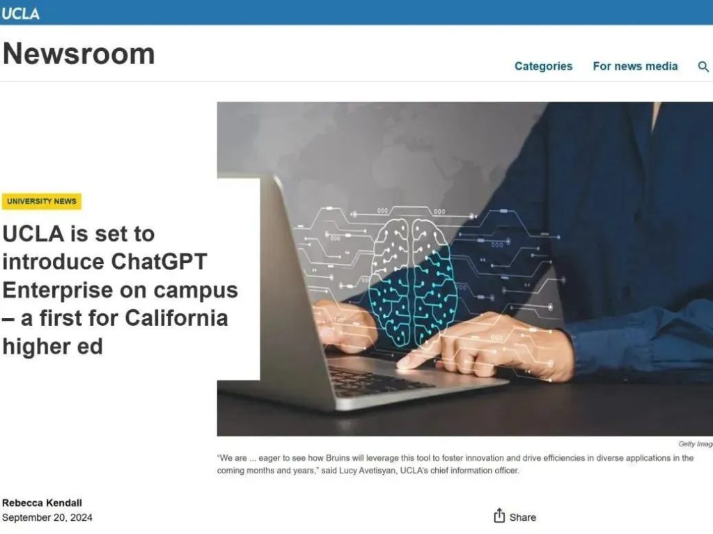Screenshot of a UCLA Newsroom article titled "UCLA is set to introduce ChatGPT Enterprise on campus – a first for California higher ed"