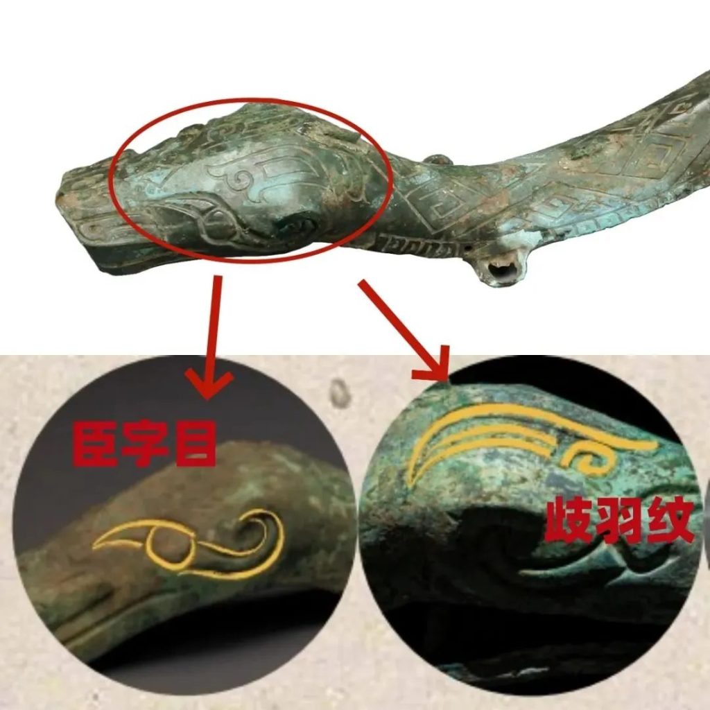 Close-up diagram of the Sanxingdui bronze snake's head highlighting the Minister's Eye and Chi Yu Pattern motifs