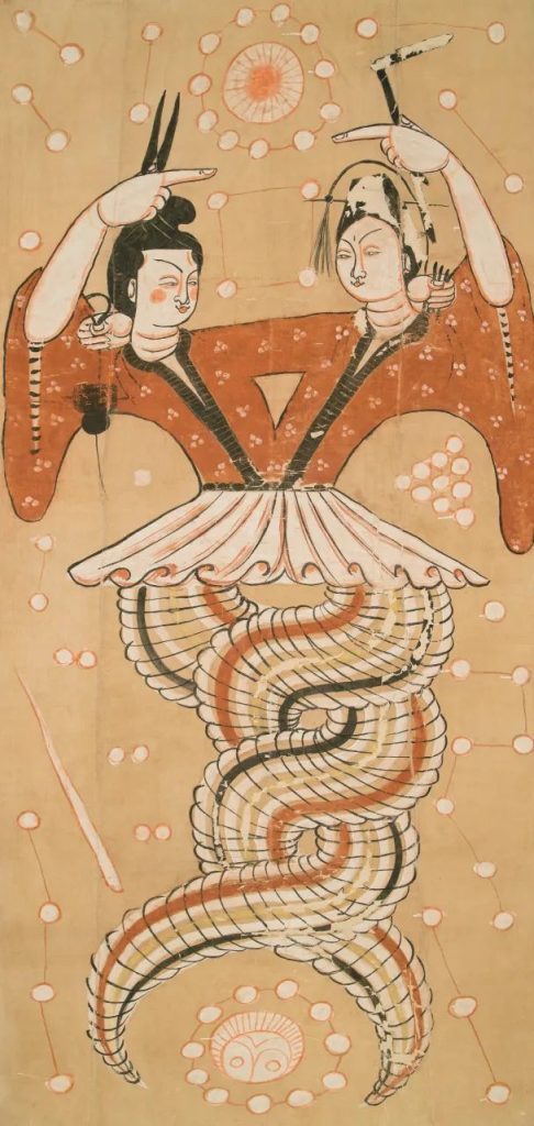 Ancient painting of Fuxi and Nuwa with human upper bodies and intertwined serpent tails, each holding a compass and set square