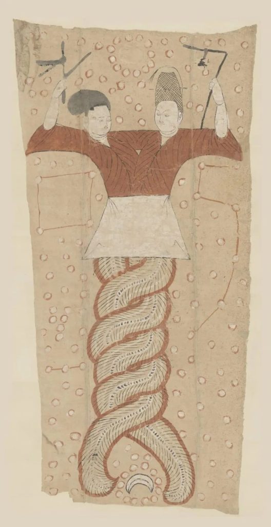 Another depiction of Fuxi and Nuwa with entwined serpent bodies, from a museum artifact collection