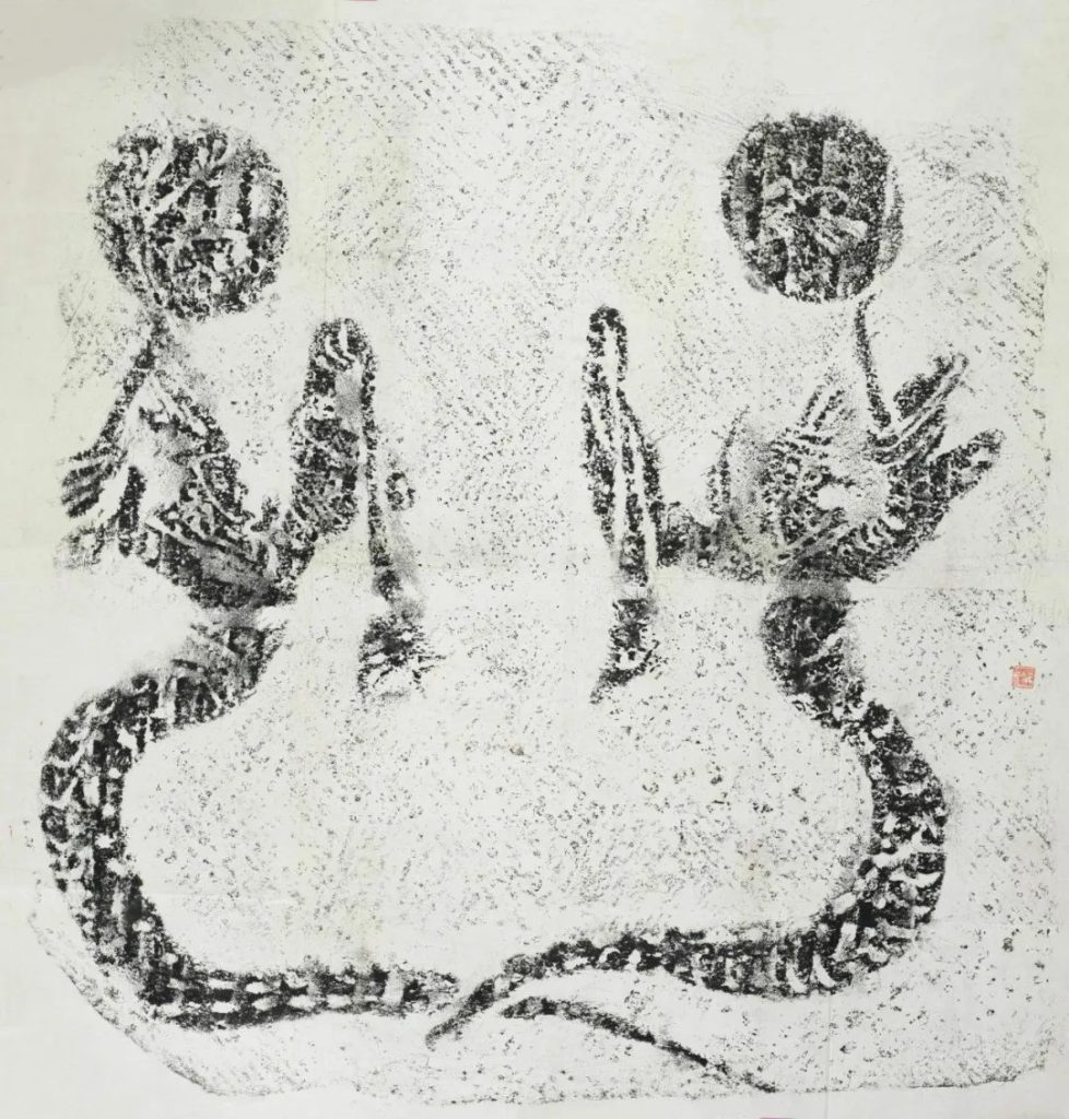 Additional artifact illustrating the Fuxi and Nuwa creation myth of human heads and serpent bodies