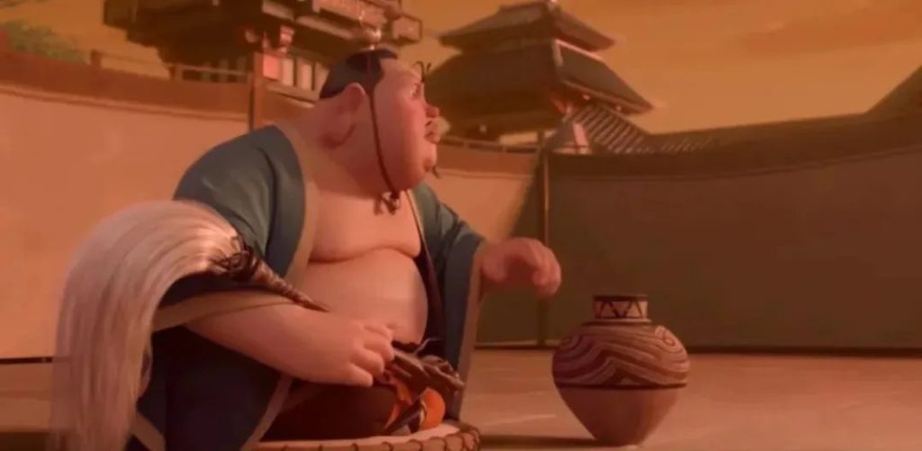 Film still of Taiyi Zhenren beside an ancient painted pottery jar, one of Ne Zha 2's hidden cultural-artifact references