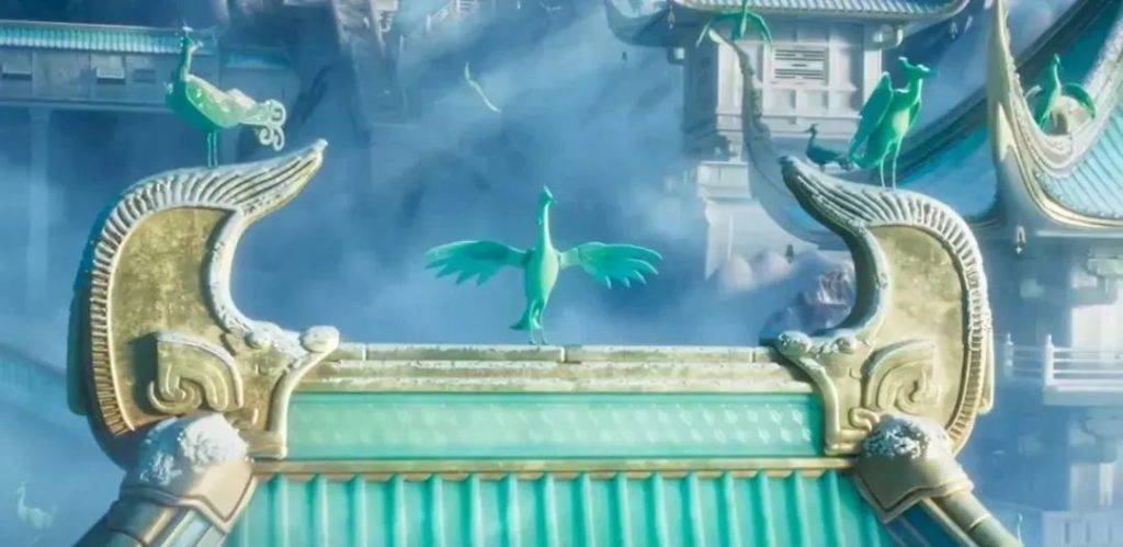 Film still from Ne Zha 2 featuring a traditional artifact detail referenced in the background art
