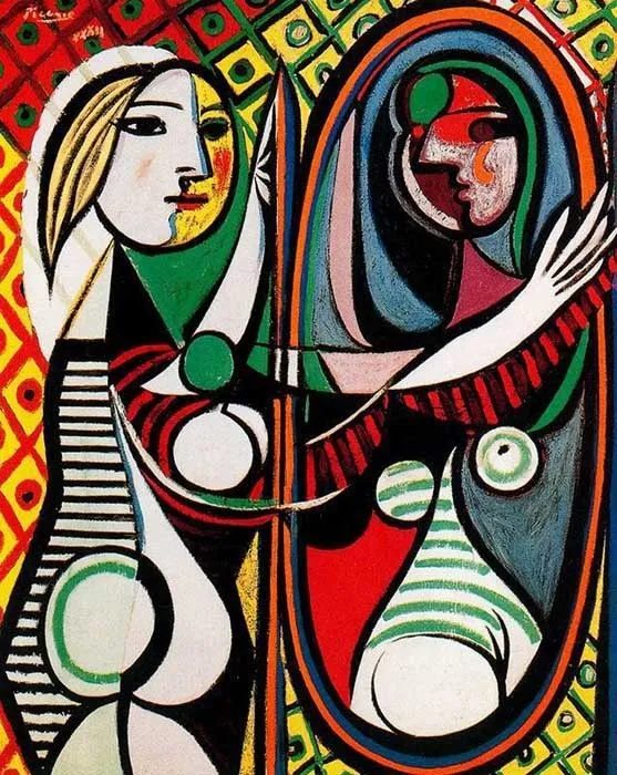 Pablo Picasso's Cubist painting Girl before a Mirror, showing a fragmented double portrait