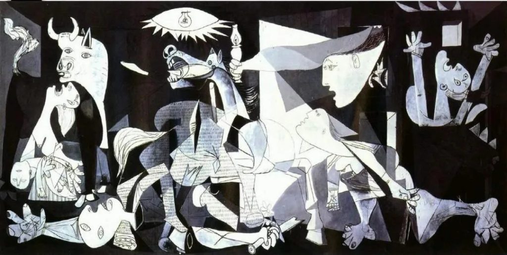 Pablo Picasso's Guernica, a monochrome Cubist depiction of the horrors of war