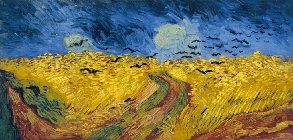 Vincent van Gogh's Wheatfield with Crows, with thick, textured brushstrokes across the wheat field