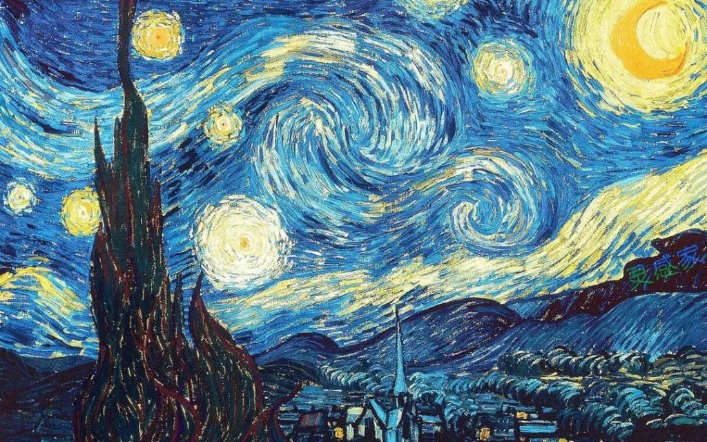 Vincent van Gogh's The Starry Night, with swirling brushstrokes animating the night sky
