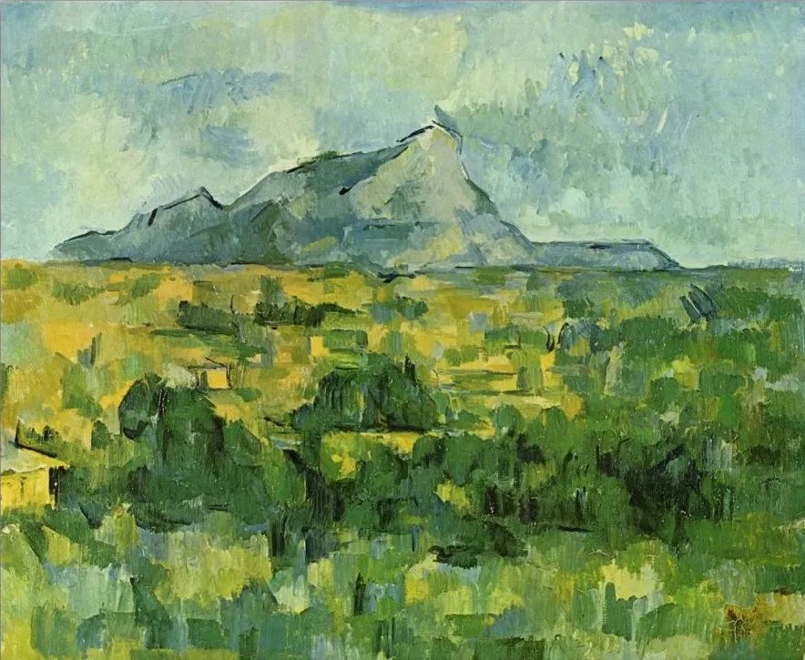 Paul Cézanne's Mont Sainte-Victoire, with varied brushstrokes shaping the mountain and surrounding trees