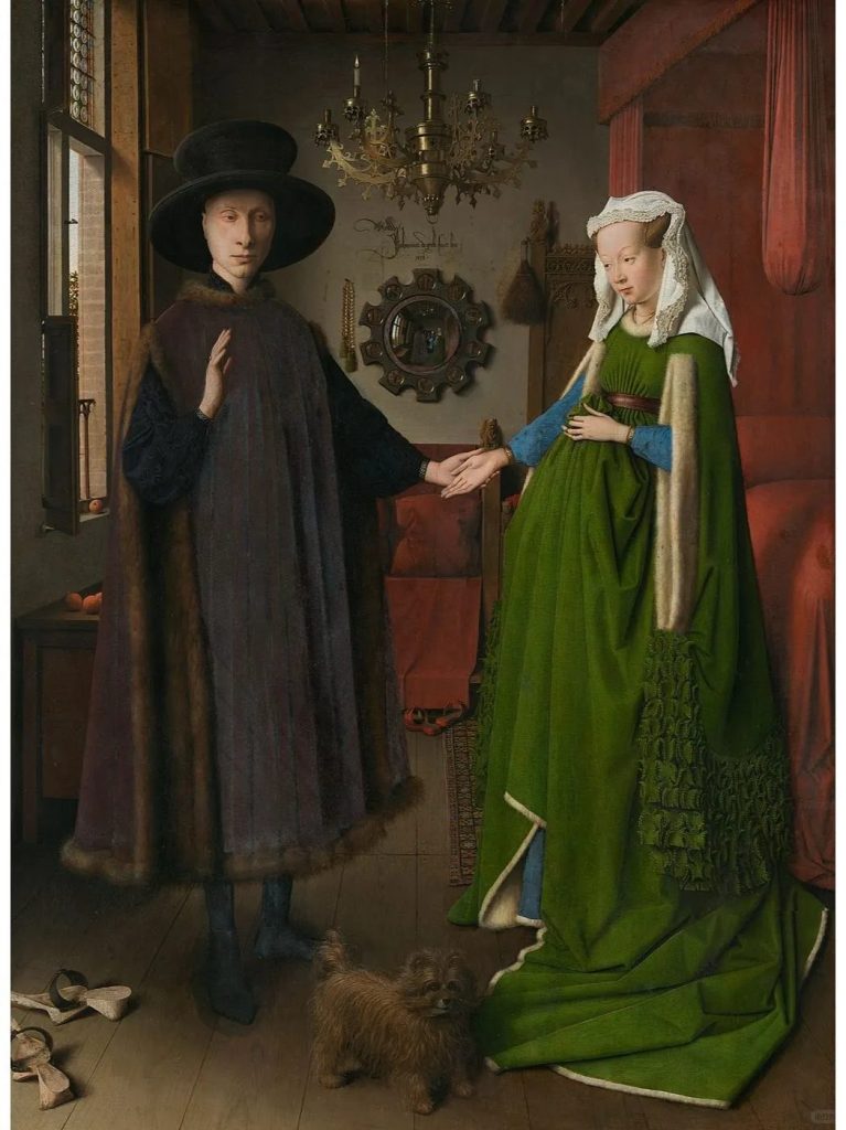Jan van Eyck's The Arnolfini Portrait, painted with smooth, detailed brushstrokes