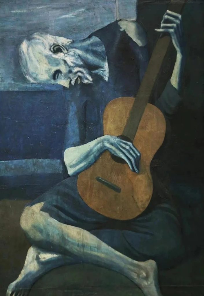 Pablo Picasso's The Old Guitarist, painted in the deep blue palette of his Blue Period