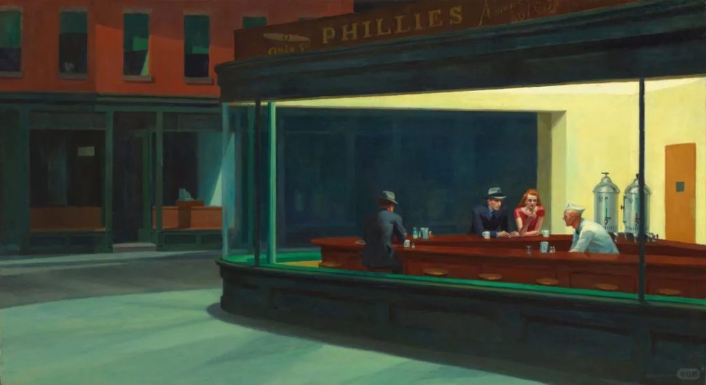 Edward Hopper's Nighthawks, harsh fluorescent light against the shadows of an empty street