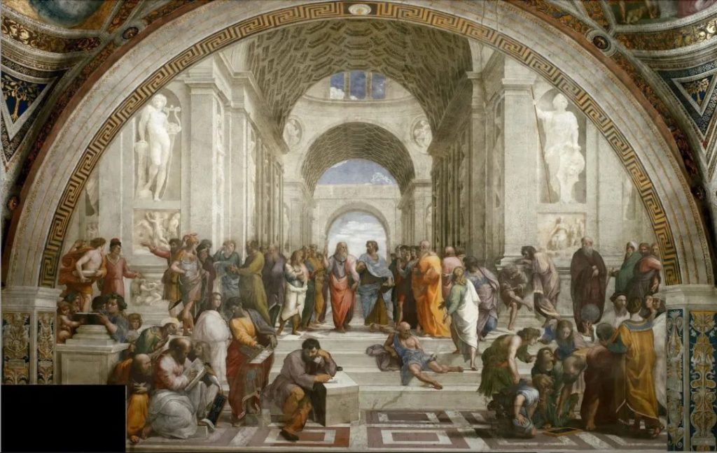 Raphael's The School of Athens, with Plato and Aristotle at the center of a symmetrical composition