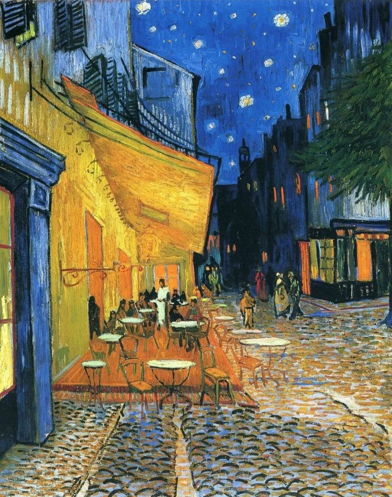 Vincent van Gogh's The Night Café, with its asymmetrical layout of skewed tables and scattered lighting