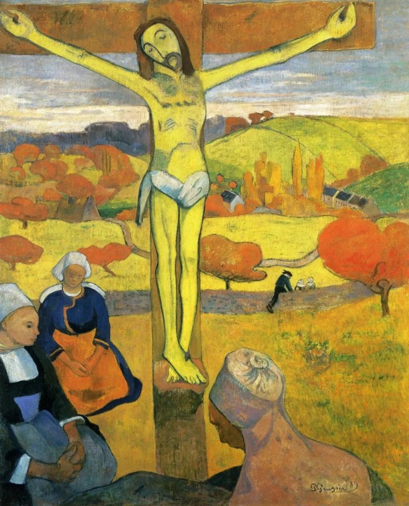 Paul Gauguin's The Yellow Christ, with vivid yellow contrasting against a deep blue background