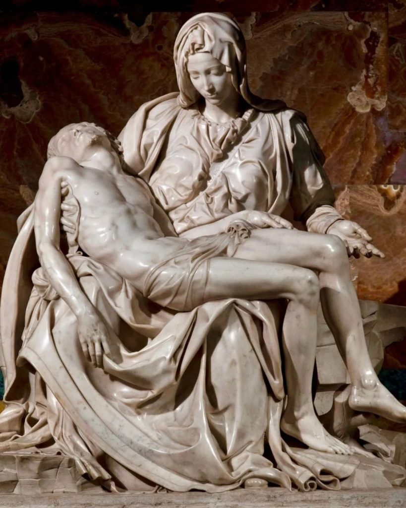 Michelangelo's Pieta, a marble sculpture of the Virgin Mary cradling the body of Christ