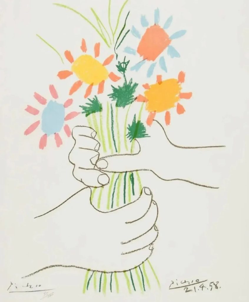 Pablo Picasso's loose, childlike line drawing of hands holding a bouquet of brightly colored flowers