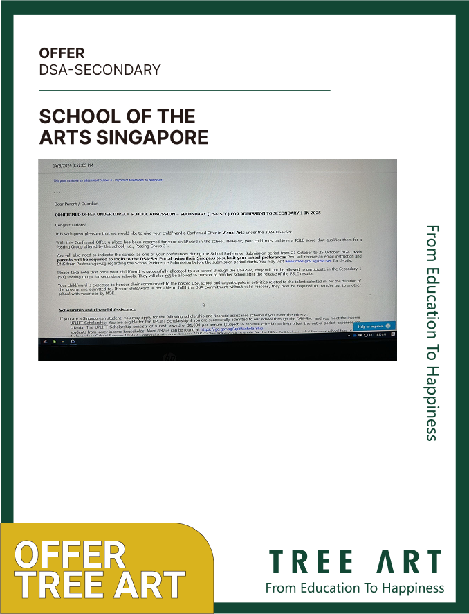 Confirmed DSA-Sec offer letter for Visual Arts, admitting a student to Secondary 1 at a Singapore school