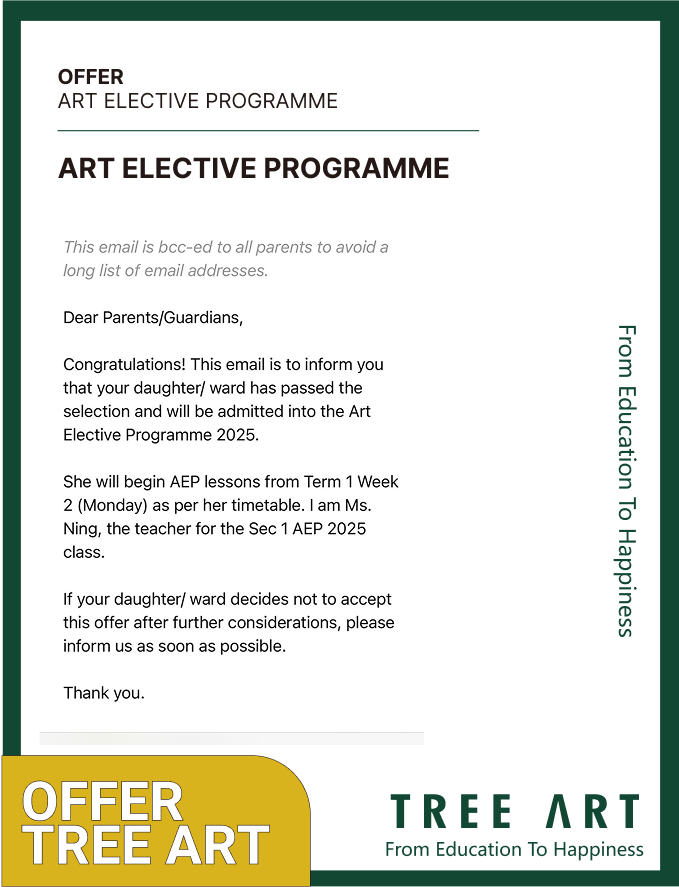 Email confirming a student's place in a school's Art Elective Programme, with lessons starting in Term 1