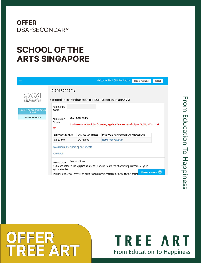 Admissions portal screen showing a DSA Secondary Visual Arts application with the status Shortlisted
