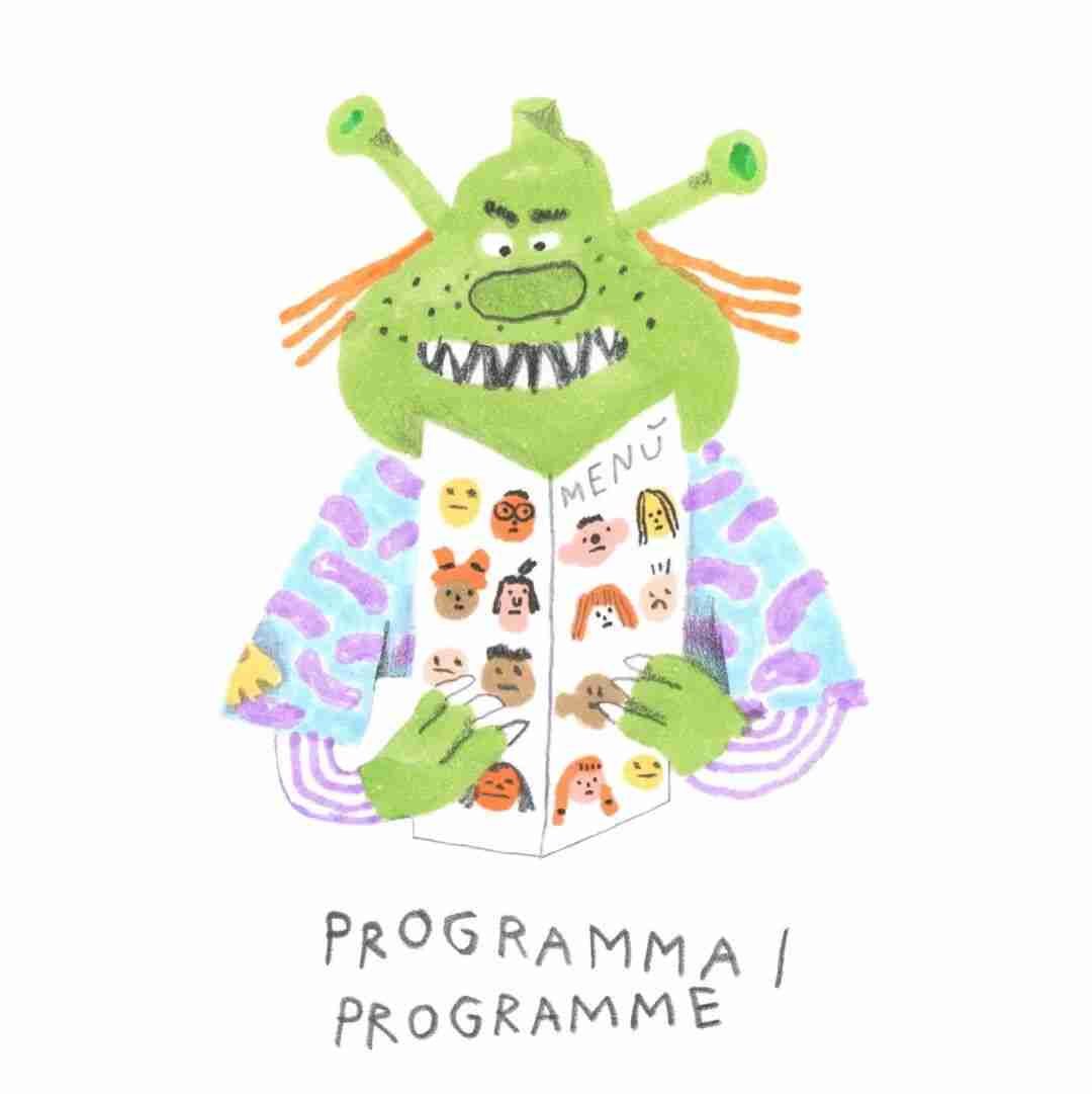 Illustration by Noemi Vola of a grinning green monster holding an event programme illustrated with small character portraits