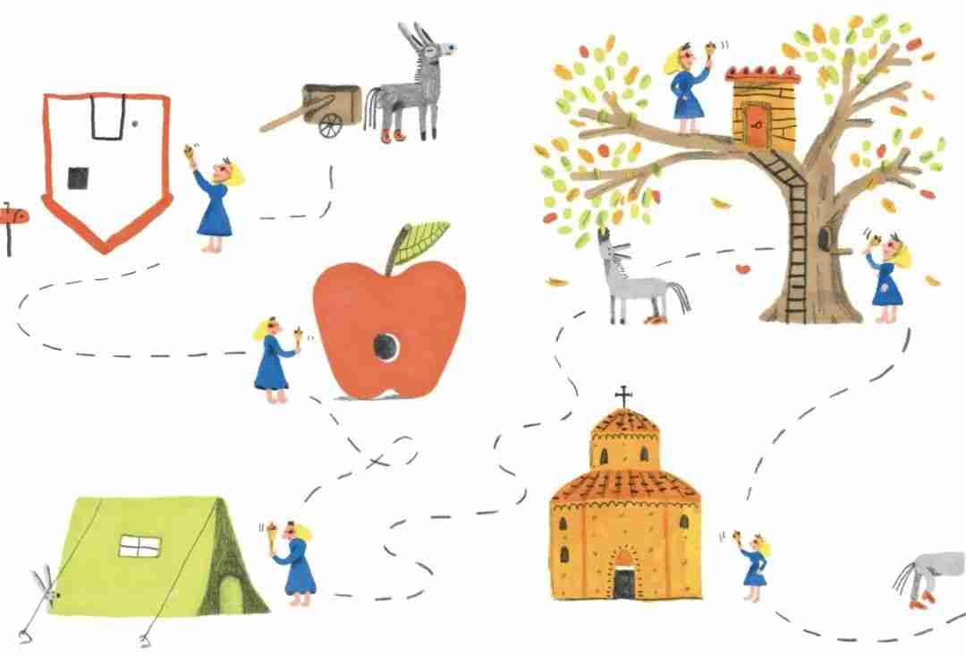 Illustration by Noemi Vola of a character journeying past a giant apple, a tent, a church, and a treehouse along a winding path