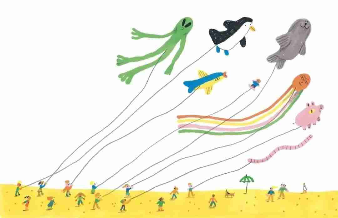 Illustration by Noemi Vola of children flying whimsical animal-shaped kites along a beach