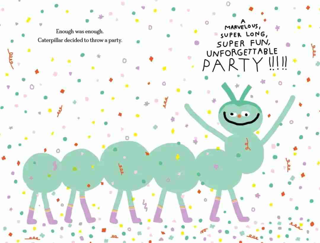 Illustration from The Wonderful Party of the Caterpillar showing a smiling caterpillar celebrating amid confetti