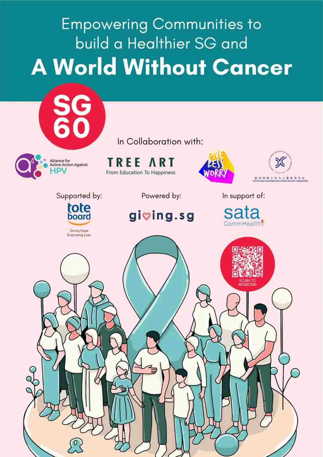 Official poster for the SG60 "World Without Cancer" art competition, listing organizers Alliance for Active Action Against HPV and Tree Art alongside supporting partners including SATA CommHealth