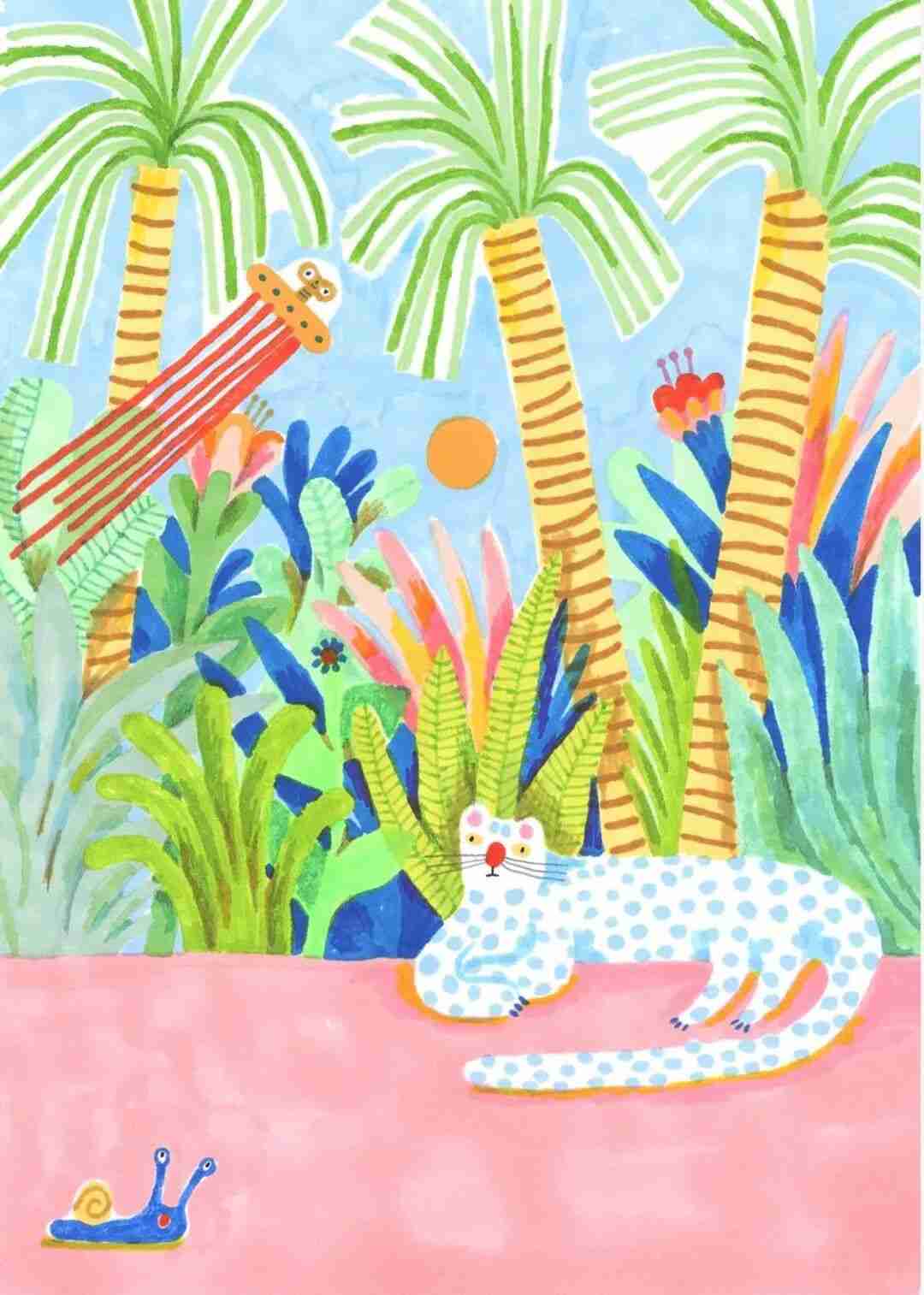 Illustration by Noemi Vola of a spotted wildcat resting among lush tropical palms, in her textured hand-painted style