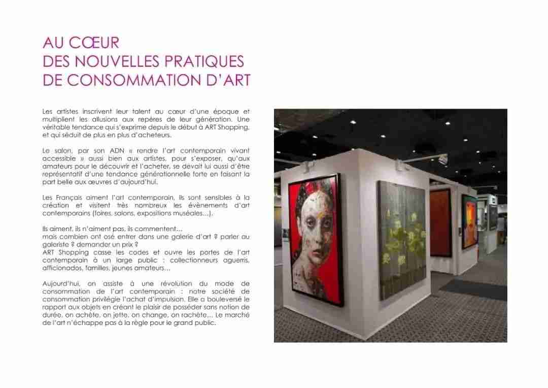 Exhibition booth displaying framed contemporary artworks alongside a French-language page on contemporary art consumption trends