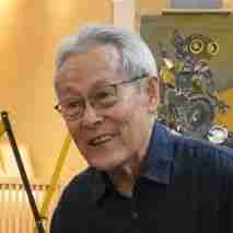 Portrait of sculptor Chong Fah Cheong, an elderly man wearing glasses and a blue collared shirt